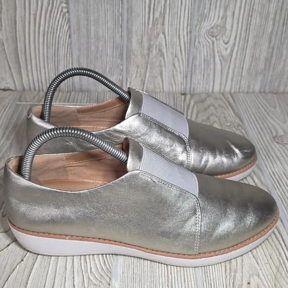 FitFlop Laceless Derby Silver Metallic Slip-On Shoes Womens Size 8.5